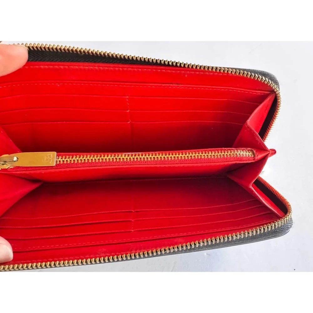 Christian Louboutin ‎ Studded Black Leather Zip Around Wallet Red Interior GUC